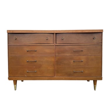 Mid Century Modern Dresser Project with 6 Drawers by Bassett 50” Long - 1960s Vintage MCM Midcentury Wood & Brass Credenza 