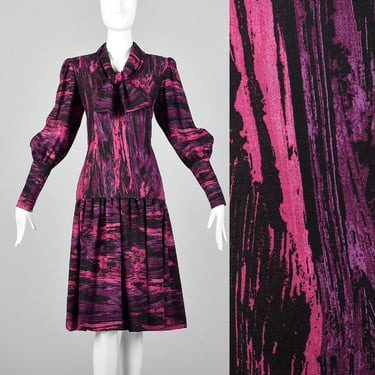 Medium Pauline Trigere Drop Waist Dress 1980s Trigere Dress Vintage Abstract Print Dress 80s Bishop Sleeve Dress 