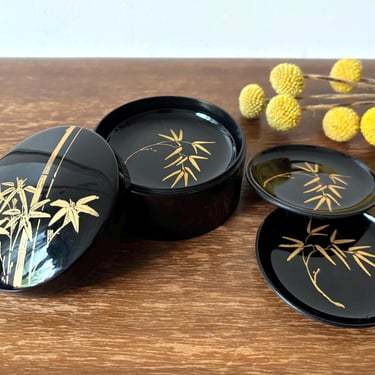 Vintage Japanese Gold Bamboo on Black Lacquer Coasters Set of 6 w Round Lidded Box Case | MCM Kitchen Dining Table Decor Small Plate Tray 