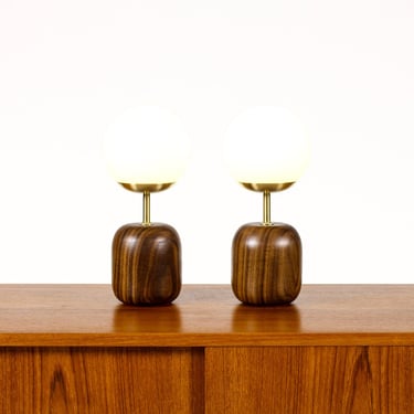 Studio Craft Walnut Table Lamps — Lathe Turned with Glass Globe + Brass — Pair — TL9 