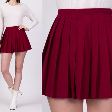 60s 70s Maroon Pleated Mini Skirt - Extra Small, 24.5" | Vintage High Waisted High Low Hem Preppy Tennis Miniskirt 