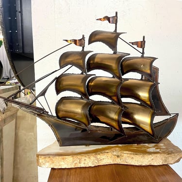 John Demott Brutalist Mid-Century Torch Cut Metal Clipper Ship Boat Sculpture 