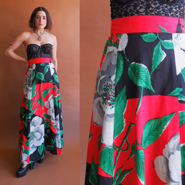 Vintage 70s Floral Beaded Maxi Skirt/ 1970s High Waisted Red Green Large Print Skirt/ Size Medium 