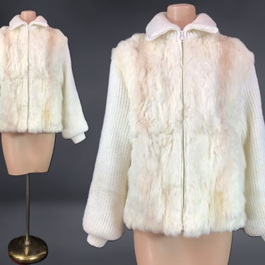 VINTAGE 70s 80s Rabbit Fur Bishop Sleeve Knit Sweater Jacket Wounded | 1970s 1980s White Fur Cardigan Coat TLC | VFG 