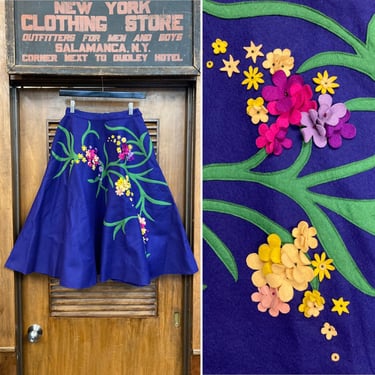 Vintage 1950’s Amazing Floral Felt Applique Original Rockabilly Circle Skirt W Pockets, 1950s, Floral, Felt, Appliqué, Rockabilly, 1950s, 