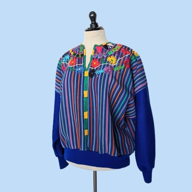 Vintage 80s Folk Design Floral Sweater, 1980s Colorful Southwestern Oversized Boho Sweater 