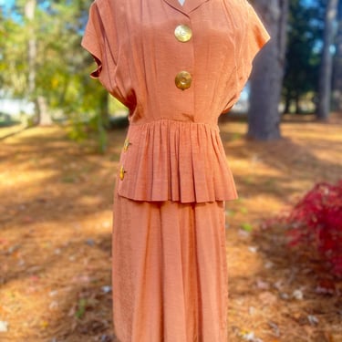Charming Spiced Orange Peplum Waist Dress by Carlye 1950s Vintage 36 Bust Details 