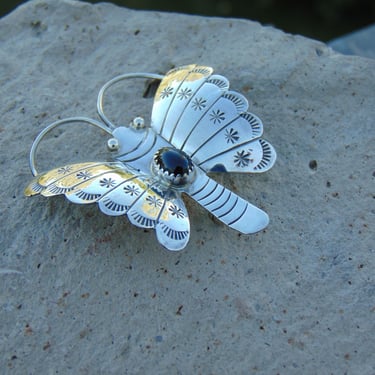 Vintage Native American Sterling and Onyx Butterfly with Stamp Work 