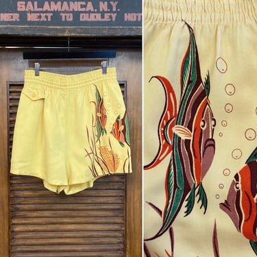 Vintage 1940’s “Catalina” Angel Fish Pattern Rayon Hawaiian Swim Trunks, Rare, Vintage Hawaiian Shirt, 1940’s Shirt 