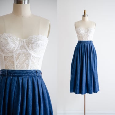 long jean skirt | 80s 90s vintage dark wash academia style fit and flare denim midi skirt 