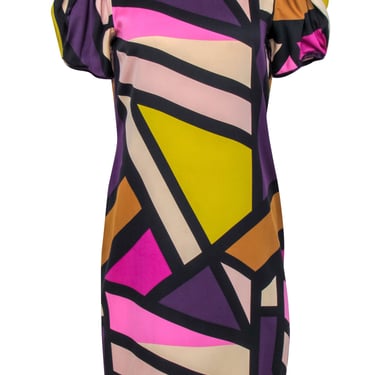 Diane von Furstenberg - Multicolor Geo Print Gathered Short Sleeve Dress Sz 6