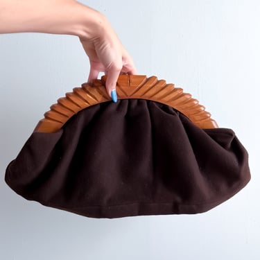 AMAZING 1940's Oversized Carved Wood Chocolate Felt Clutch Bag