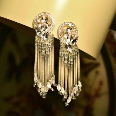 Vintage Beaded Ornate Chandelier Earrings, Beaded Teardrop Tassels, Clip-On Earring, Beaded Earring, Costume Jewelry, 3 3/4" L 