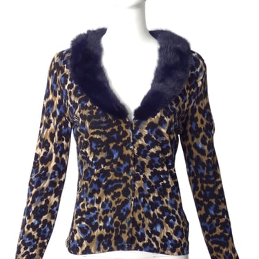 BLUMARINE- Fur Trimmed Print Knit Cardigan, Size 8