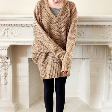 70s Beige Oversized V Neck Sweater by Outlander in Acrylic Knit - L 