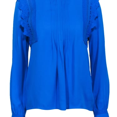 Reiss - Bright Blue Pleated Middle Eyelet Trim Long Sleeve Top Sz 2