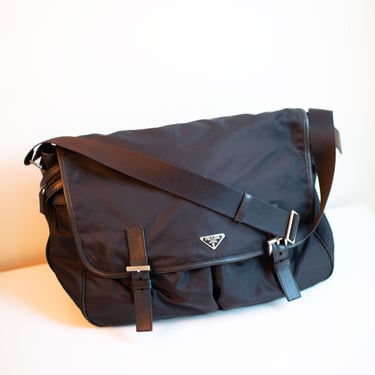 Vintage PRADA Double Pocket XL Crossbody Bag in Black Nylon + Leather with Silver Hardware Tessuto Large Vela 90s Y2K Minimal Diaper Bag 