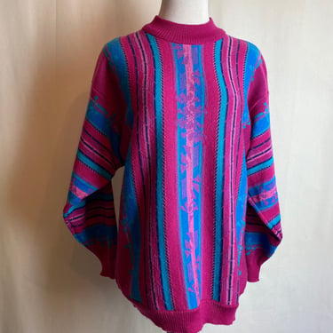 Vintage wool sweater~ bright colorful striped knit ski sweater Demeter high neck dolman sleeves pop of color size small 
