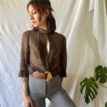 1970's Sheer Blouse /Shiny silver Stars and Leafs Sheer Open Jacket / Vintage Shirt / Seventies Festival Shirt  / Haute Hippie 
