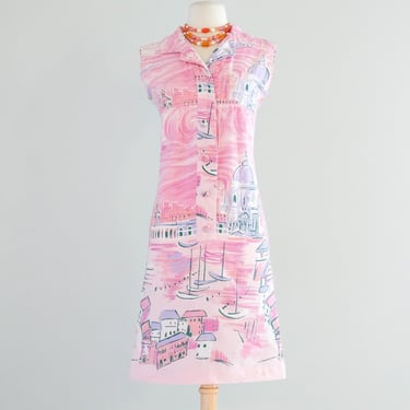 Charming 1960's Venetian Sunset Cotton Shift Dress / Sz XS