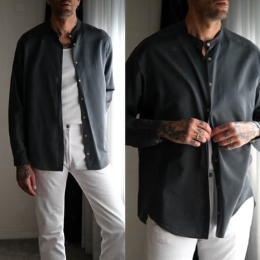 Vintage 80s Giorgio Armani Le Collezioni Cerulean, Black & Gray Stripe Collarless Shirt | Made in Italy | 1980s ARMANI Designer Mens Shirt 