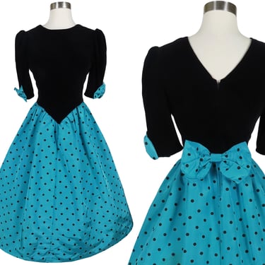 Vintage Blue Green Polka Dot Velveteen Short Puff Sleeves Back Bow 80s Prom Party Dance Dress S M Small Medium Full Skirt Light Teal Womens 