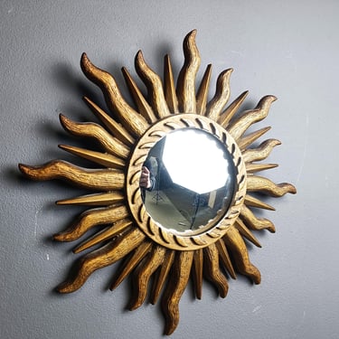 Vintage golden sunburst mirror, 1960s - gilded sunburst mirror - vintage butler mirror - vintage convex mirror - golden mirror - vintiques 