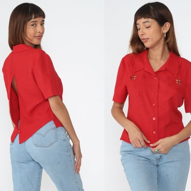 Embroidered Cutout Blouse 90s Red Slit Back Button up Top Floral Cutwork Shirt Boho Cut Out Retro Bohemian Vintage 1990s Medium 10 