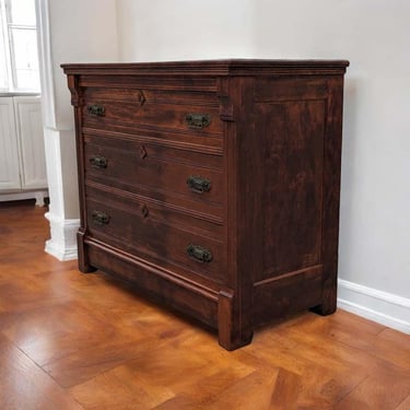 Antique Linen Cabinet, Walnut Three Drawer Chest, Dresser, Victorian Eastlake Petite Sideboard, Entryway, Storage 