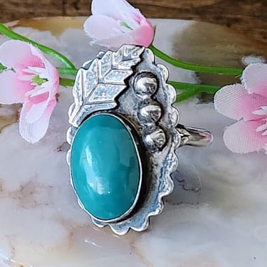 Old Pawn Green Gemstone Ring Size 8~Leaf Motif Sterling Silver & Turquoise~Fred Harvey Era Ring 