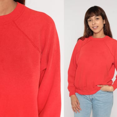 Bright Red Sweatshirt 80s Raglan Sleeve Sweatshirt Plain Slouchy Crewneck Pullover Sweater Basic Solid Color Vintage 1980s Extra Large xl 