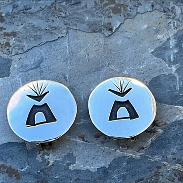 Tommy Singer ~ Vintage Navajo Sterling Silver Round Teepee Overlay Clip On Earrings 