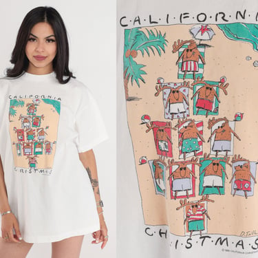 California Christmas Shirt 90s Funny Comic T-Shirt Beach Reindeer Graphic Tee Cartoon Tshirt Novelty Single Stitch White Vintage 1990s XL 