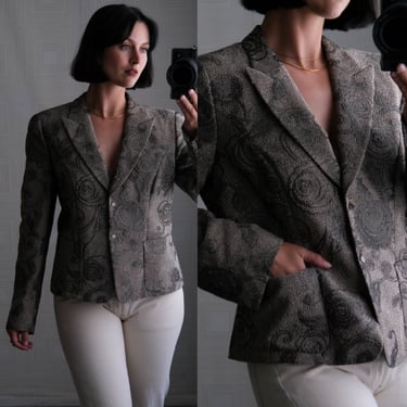 GIORGIO ARMANI Gunmetal Rose Pebble Damask Cropped Silk Lined Blazer w/ Snap Buttons | Made in Italy | Y2K 2000s ARMANI Designer Jacket 