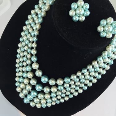 Kabuki Night Out - Vintage 1950s 1960s Shades of Aqua Blue Lucite Bead 45 Strand Necklace w/Matching Earrings 