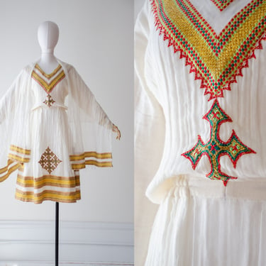 white cotton dress | vintage Ethiopian Eritrean traditional embroidered long sleeve dress and shawl 