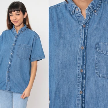 90s Denim Shirt Short Sleeve Blue Jean Button up Collared Retro Top Basic Plain Simple Casual Utility Pocket Vintage 1990s Men's Medium 