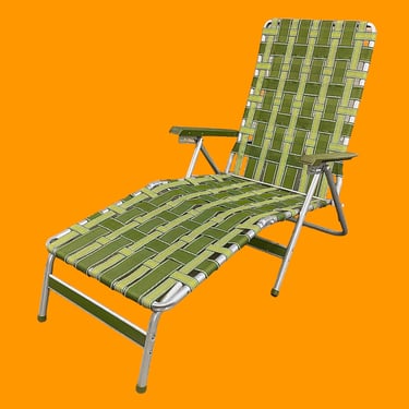 Vintage Lawn Chaise Lounge Retro 1970s Mid Century Modern + Silver Aluminum Frame + Green + Yellow + Vinyl Straps + Outdoor Chair + Patio 