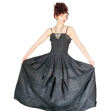 1940s Black Evening Dress Crinkled Taffeta M 