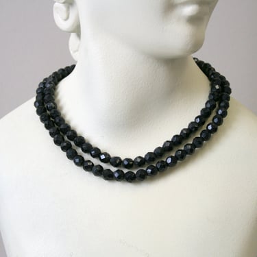 1950s Black Faceted Glass Bead Necklace 