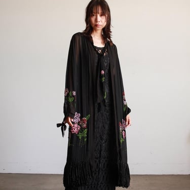 1920s Black Chiffon Floral Beaded Duster 