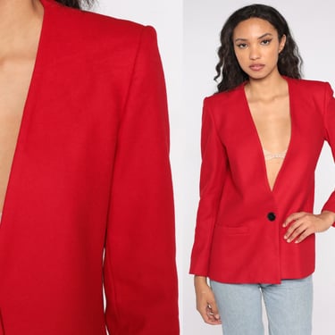 Red Blazer Jacket 90s Statement Blazer 1990s Low Neck Button Up 80s Style Structured Work Blazer Fran Drescher Plain Solid Vintage Small 6 S 