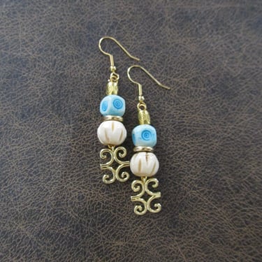 Baby blue batik print bone earrings, adinkra symbol dwennimen 