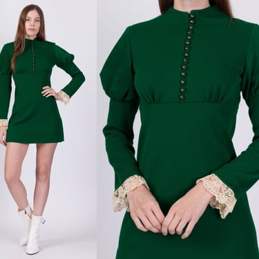 60s Young Edwardian Green Juliet Sleeve Mini Dress - XS to Small | Vintage Boho Puff Sleeve Wool Babydoll Minidress 
