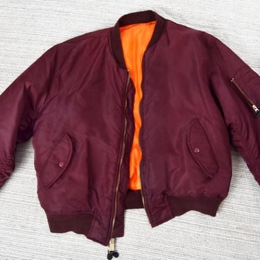 XL Maroon Men's Bomber Flight Jacket Flyer's Man Intermediate MA-1 Alliance Purple Harley Orange Vintage 1980's Padded Puffer Coat Nylon USA 