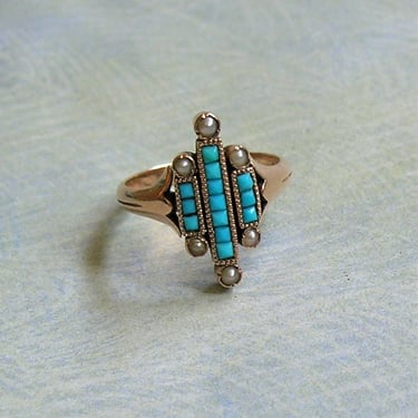 Antique Victorian 14K Rose Gold Turquoise and Seed Pearl Ring, Old Victorian Ring With Seed Pearls and Turquoise, Ring Size 4.75 (#4047) 