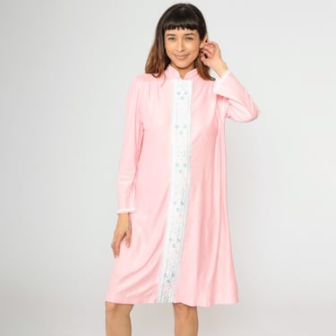 80s Floral Embroidered Nightgown Lace Baby Pink Midi Pajama Dress Long Nightie Button up Sleep Lounge Long Sleeve Vintage 1980s Medium M 