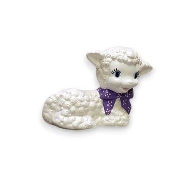 1980s Vintage Ceramic Lamb, Handpainted White Wooly Easter Figurine, Baby Sheep w/ Purple Bow Boy Girl Nursery, Vintage Holiday Home Decor 