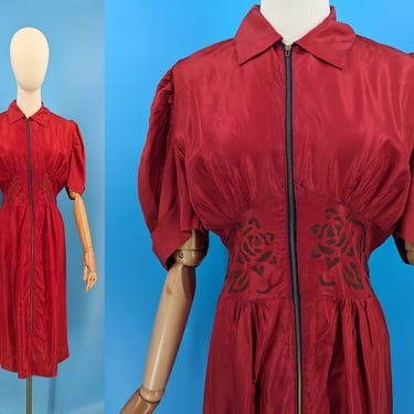 1940s Eastern Isles Red Zippered Dressing Gown - Vintage 40s Puffy Sleeve House Dress - Medium Forties Dress 