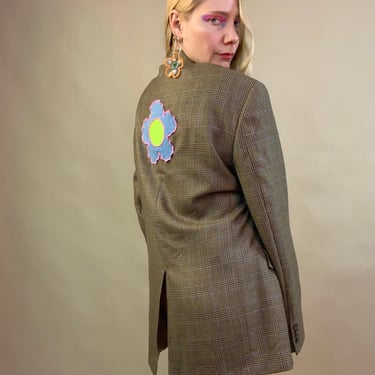 Plaid blazer with vinyl flower patch & safety pin 